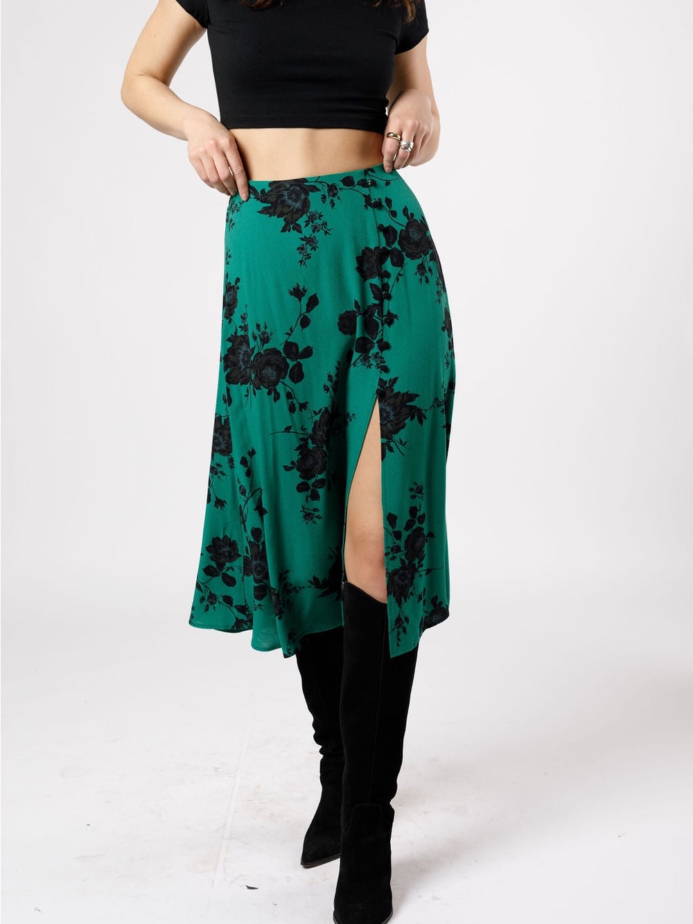 NWT Whimsigoth Band of the Free Emerald Floral Button Front Midi Skirt Size L